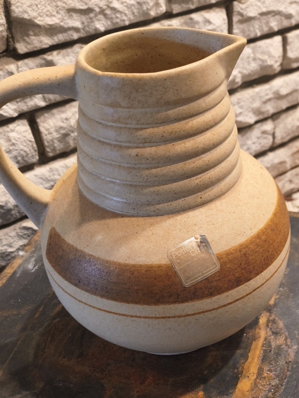Neutral Beige and Brown Stoneware Pitcher by